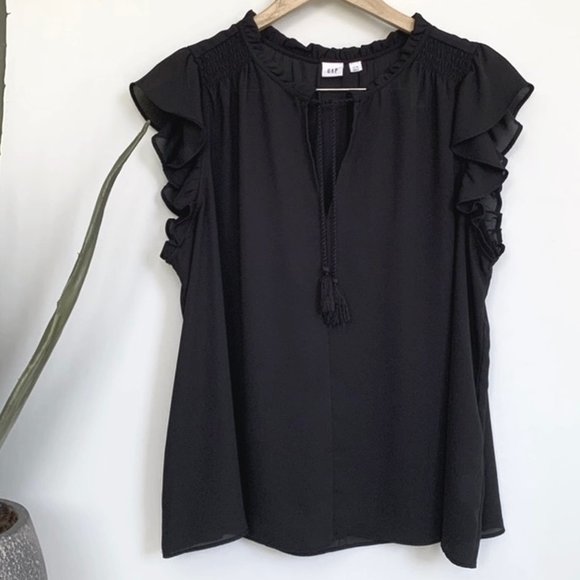 2/$40 GAP XL Black ruffle sleeve split-neck blouse top - Picture 6 of 11